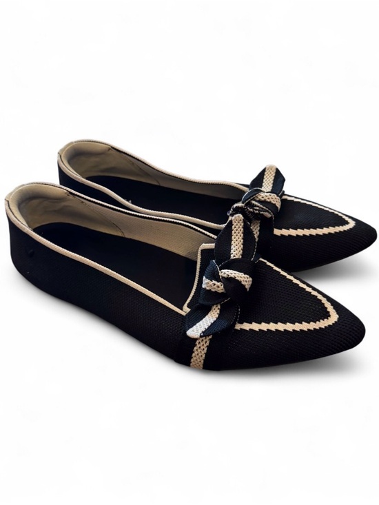 Vivaia Shoes - VIVAIA Black and White Pointed Knit Ballet Flats with Bow